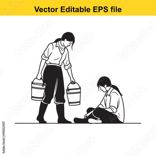  woman carrying buckets while another sits on ground