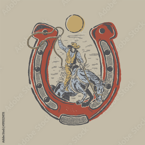 Vintage artwork of a rodeo cowboy on a bucking horse and a horse shoe. Retro illustration for The Cowboy State for t shirt print