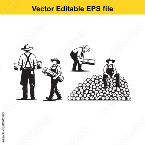  men in overalls carrying and sorting potatoes