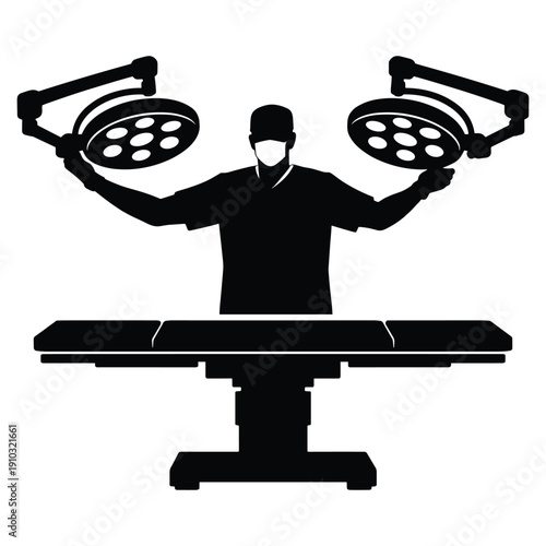 Silhouette of surgeon adjusting surgical lights over operating table