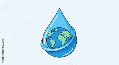 Blue water droplet cradling a green and blue Earth globe, symbolizing global water conservation and environmental protection.