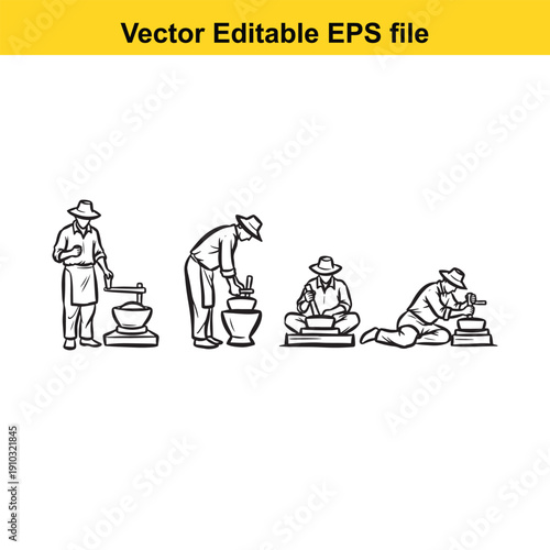  black and white illustration of people working with clay