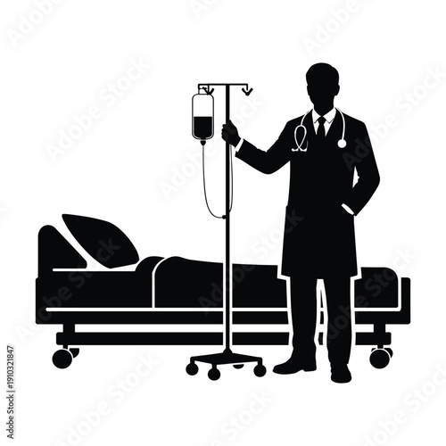 Silhouette of Doctor Standing Near Hospital Bed with IV Stand