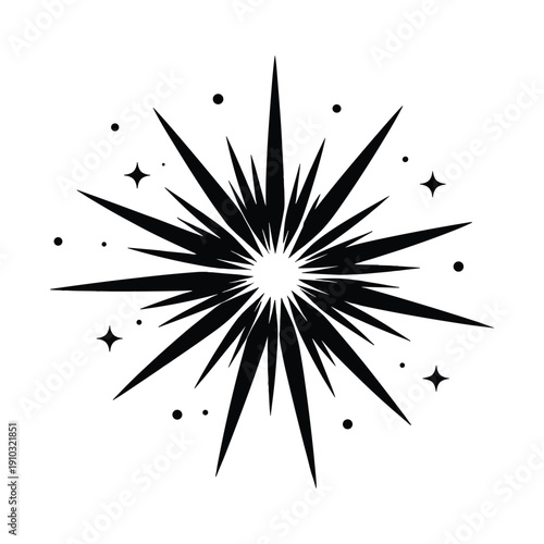 Black starburst shape with surrounding sparkles