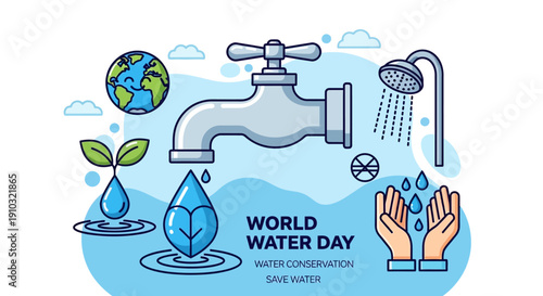 Illustration for World Water Day showing water conservation elements like a dripping faucet, shower, hands, plant, and Earth, promoting saving water.