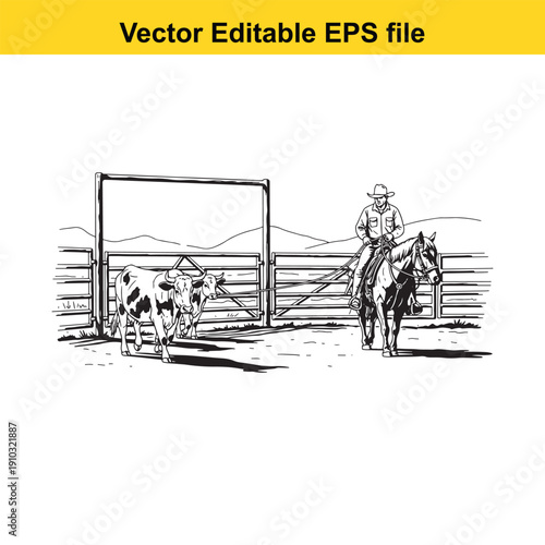  cowboy on horseback herding cattle through a gate