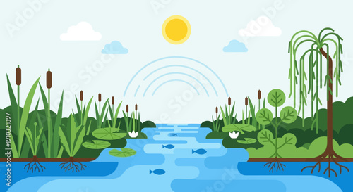 Vibrant illustration of a serene river ecosystem with lush green plants, swimming fish, and a bright sun in a clear sky.
