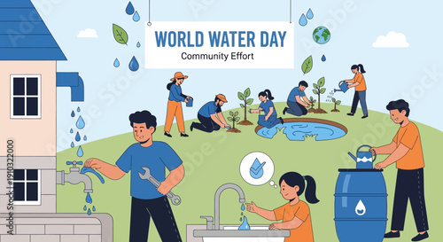 An illustration showing various people participating in water conservation and community efforts for World Water Day, including fixing leaks, planting trees, and rainwater harvesting.