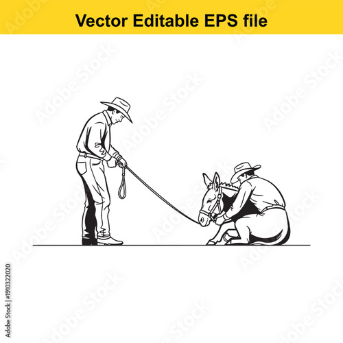  man leading donkey with another man adjusting its hoof