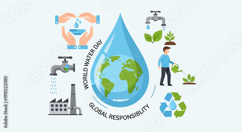 Illustration for World Water Day emphasizing global responsibility for water conservation and sustainable use, showing various aspects of water management.