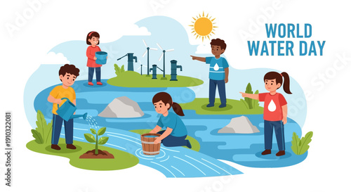 Children celebrating World Water Day by conserving and interacting with water resources and nature, promoting environmental awareness.