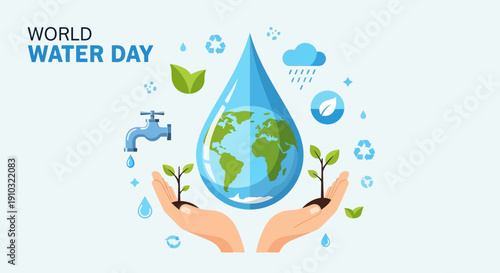 An illustration for World Water Day showing a large water droplet with a globe, held by hands nurturing small plants, surrounded by environmental symbols.
