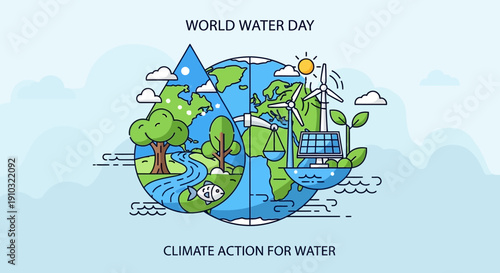An illustration for World Water Day showing a split Earth with natural landscapes, renewable energy, and water conservation elements, emphasizing climate action for water.