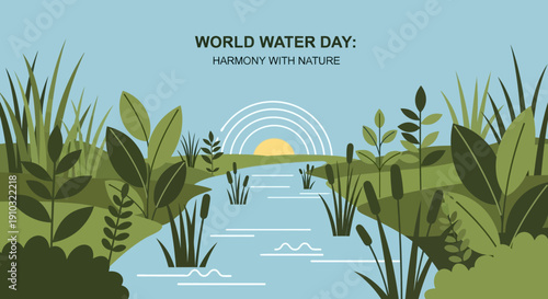An illustration for World Water Day, showing a peaceful river flowing through a vibrant natural landscape with green plants, reeds, and a stylized sun with rainbow arcs.