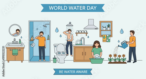 An illustration promoting World Water Day, showing various daily activities like showering, brushing teeth, washing dishes, and watering plants, emphasizing water awareness and conservation.