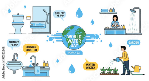 World Water Day illustration with various water conservation tips for home and garden, emphasizing responsible water usage.