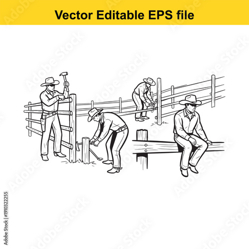 men working on farm fence repairs