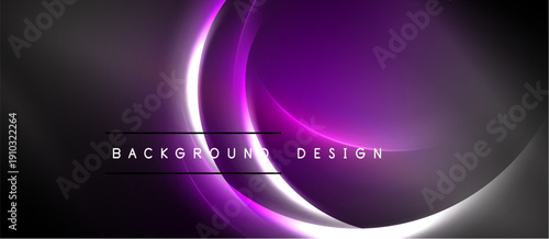 Abstract purple design features glowing curved lines. Dark background creates dramatic visual effect. Minimalist style, modern aesthetic.