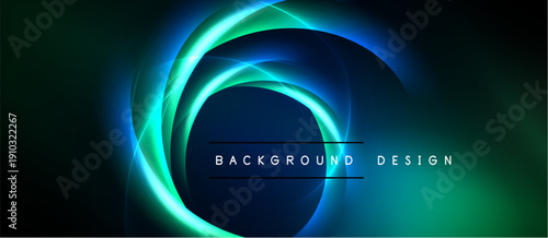 Abstract neon swirls, vibrant blue, green hues. Dark background emphasizes glowing circular design. Text reads background design.