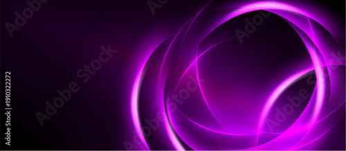 Abstract purple light curves create dynamic visual effect. Dark background emphasizes glowing shapes, modern design.
