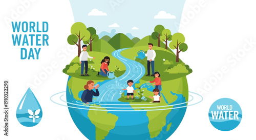 Illustration of World Water Day with people caring for the environment and water resources on a stylized Earth, promoting sustainability and conservation.