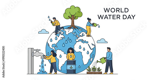 Illustration for World Water Day showing people conserving and managing water resources around a large globe with a tree, emphasizing global water sustainability and environmental care.