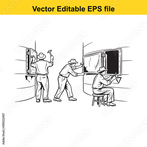  three men installing window frames