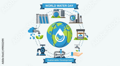 World Water Day illustration showing global water resources, conservation, sustainable development, and various water-related infrastructure and uses.