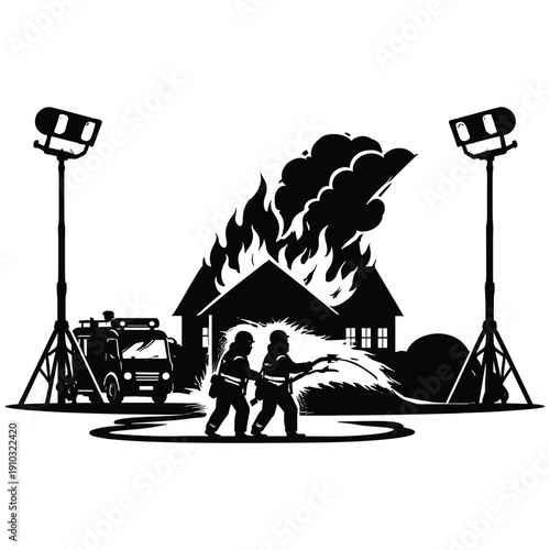 Firefighters extinguishing house fire silhouette