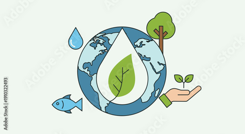Illustration of Earth with a water drop and leaf, surrounded by environmental symbols: tree, water, fish, and plant in hand, representing global sustainability and nature.