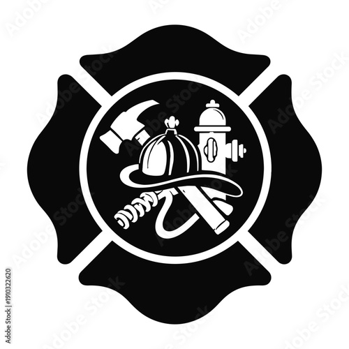 Firefighter helmet and tools emblem black silhouette