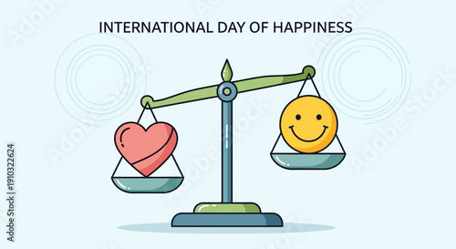 An illustration of a balance scale with a red heart on one side and a yellow smiley face on the other, celebrating the International Day of Happiness.