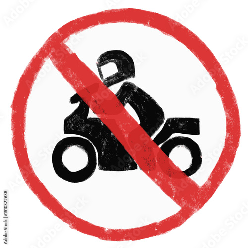 Cute hand drawn doodle watercolor crayon prohibited no motorcycle motorbike bike icon in red circle rounded traffic road sign kids nursery sticker illustration