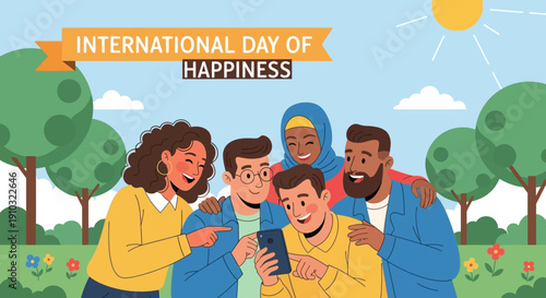 Diverse group of happy friends looking at a smartphone together outdoors, celebrating International Day of Happiness under a sunny sky.