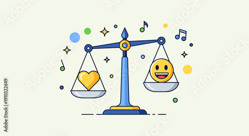 A vibrant illustration of a balance scale with a heart and a smiling emoji, surrounded by musical notes and stars, symbolizing emotional equilibrium and happiness.