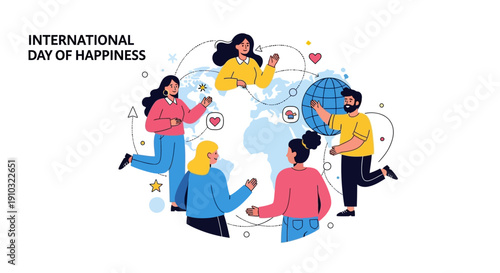 Diverse people connect globally, celebrating the International Day of Happiness with hearts and positive interactions, symbolizing worldwide community and joy.