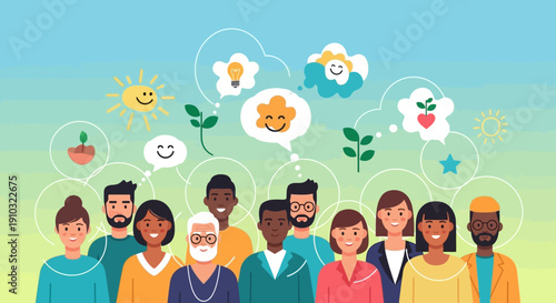Diverse group of people with positive thoughts and ideas represented by symbols above their heads.