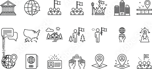 Government building icon, globe with flag, citizenship symbols, passport identification, civic engagement icons, national identity, location pin, communication, diversity, geography