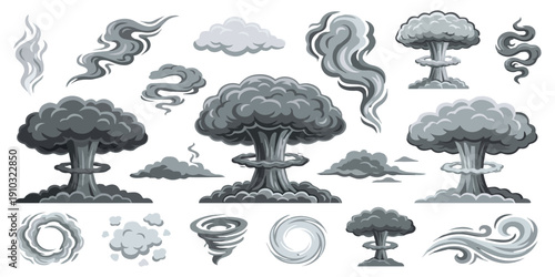 Collection of mushroom cloud and smoke elements, representing explosions, nuclear events, and natural disasters in a graphic art style