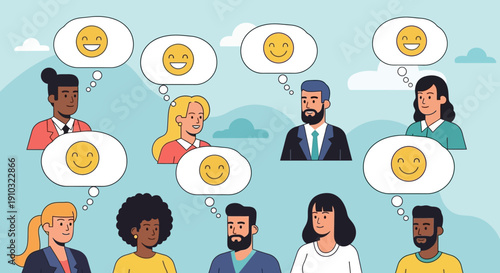 Diverse group of people expressing positive emotions with smiling emojis in thought bubbles.