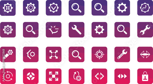 Gradient UI icons, software interface, settings symbols, digital tools, modern design, tech elements, app buttons, user experience, web development, usability