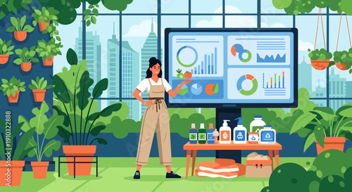Woman Presenting Plant Growth Data on Screen in Greenhouse.