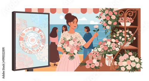 Woman selecting flowers at a flower shop with floral display.