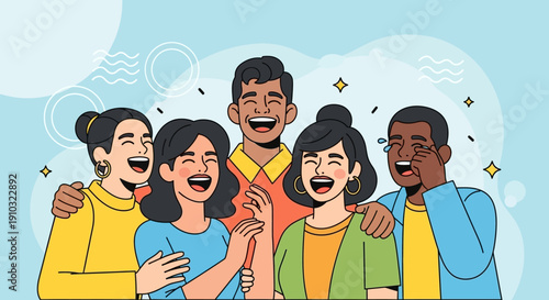 Diverse group of five friends laughing together, depicting joy, happiness, and strong bonds in a cheerful illustrated setting.