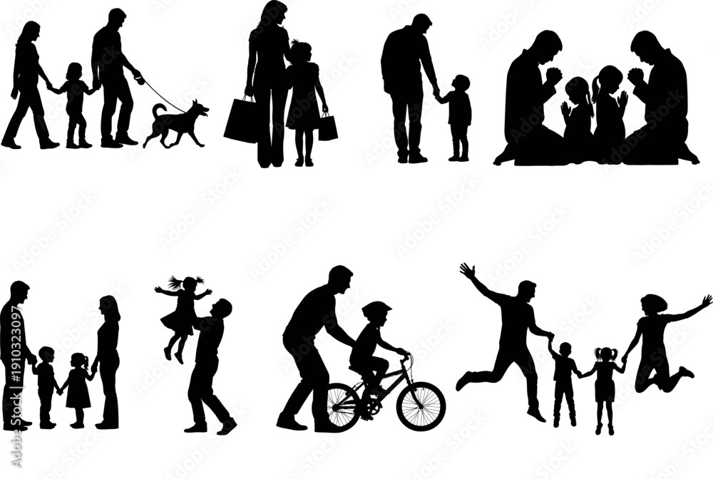 Fototapeta premium Silhouette of happy family and people in various activities and poses