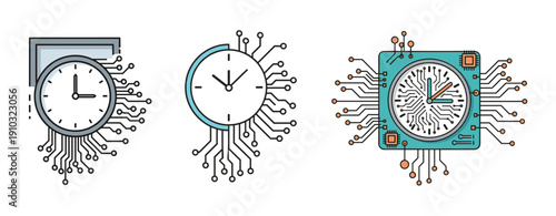A collection of three distinct digital clock icons, each intricately designed with integrated circuit board patterns, symbolizing technological timekeeping.