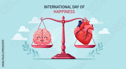 Illustration of a balance scale weighing a smiling brain against a human heart, celebrating the International Day of Happiness.