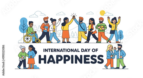 Diverse group of happy people celebrating the International Day of Happiness, showing unity, inclusivity, and joy with high-fives and smiles.