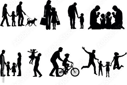 Silhouette of happy family and people in various activities and poses