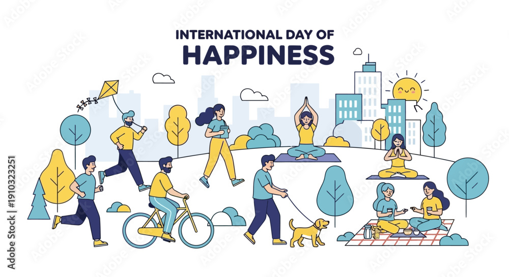 Fototapeta premium Illustration of diverse people enjoying various outdoor activities in a city park celebrating the International Day of Happiness.